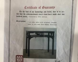 Certificate of Guaranty for 1 Piece Side Table