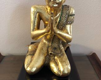 Vintage Praying Buddhist Monk with Rosewood Stand. Buddhist (H: 16.1/2 | D: 13.1/2in | W: 13in). Rosewood Stand (W: 11.1/4 | L: 17.1/4in | H: 4.1/4in)