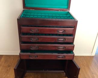 Rosewood Flatware chest with 4 drawers and bottom shelf.