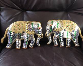 2 Vintage Mirror/Glass Mosaic Elephant Wall Plaques. Each measures 10in x 7in.