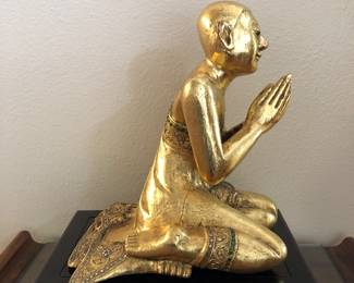 Vintage Praying Buddhist Monk with Rosewood Stand. - Side view