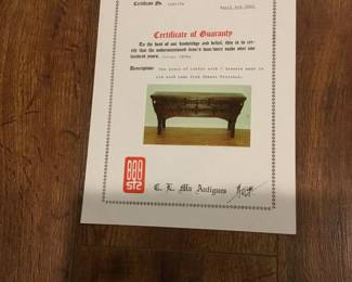 Certificate of Guaranty for 7 Drawer Coffer.