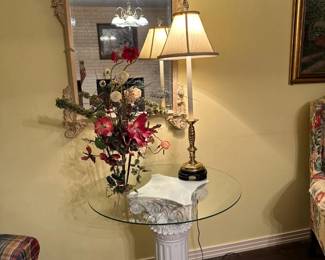 #12 Heavy Carved White Resin Base with Round Glass Top Table - 30round x 48 $75.00 #13 Heavy Bras Base Buffet Lamp 36in Tall $75.00 #40 Cream-Taupe Speckled Carved Beveled Mirror - 36in tall $75.00
