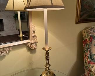 #13 (View 4) Heavy Bras Base Buffet Lamp 36in Tall $75.00 #40 (View 2) Cream-Taupe Speckled Carved Beveled Mirror - 36in tall $75.00
