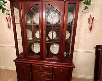 #2 (View 3) Cabinet American Drew China Cabinet with 2 glass front doors, 2 glass shelves, 1 wood shelf with back plate rack, 3 wood drawers & 2 wood doors with bottom shelf - lighted 52Hx16Dx78.5T $275.00
