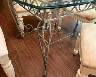 #16 (View 2) Square Glass Top Table on Heavy Metal Base with 4 heavy Wood Chairs - (seats in need of recovering and some love) 41sq x 29T - Glass 1.5" Thick on top $100.00
