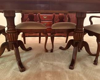 #1 (View 5) American Drew Table with 2 leaves (leaves in as in condition) with 6 chairs (chair seats fabric as is - easily recovered) 65-93x41x29 $275.00
