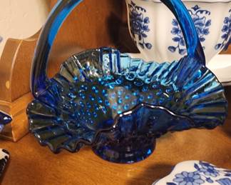 Fenton Hobnail Blue Glass Basket with Handle and Ruffled Edge