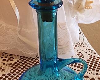 Glass Teal Peacock Blue Cruet Bottle