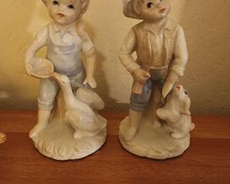 Porcelain Country Boy With Dog And Girl With Duck Figurines Glazed Farmhouse