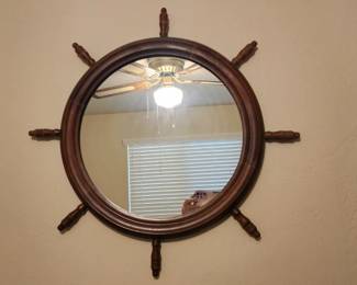 Folk Art Reverse-Gilded Mirror with Ship's Helm Frame