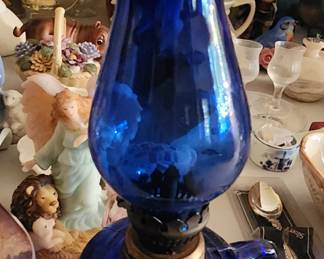 1950s Cobalt Blue Glass 8" Tall Oil Kerosene Lamp Made in Hong Kong 