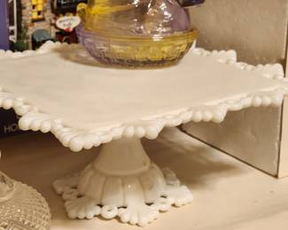 Westmoreland Ring and Petal Milk Glass Square Pedestal Cake Stand