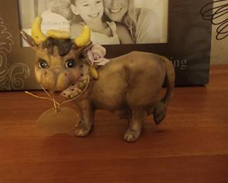 Vintage Miniature Ceramic Adorable COW Angel with Flowers Figurine