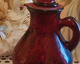 Avon Ruby Red Glass Cruet Pitcher Strawberry Top 