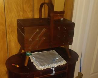  Mid Century Strommen Bruk Hamar Norway Accordion Style Wood Sewing Box & Martha Washington 3 Drawer Sewing Cabinet