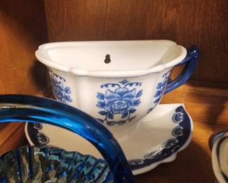 Blue and White Tea Cup Saucer Wall Pocket Planter Ceramic Pottery