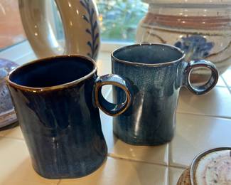 Two Blue/Brown Pottery Mugs with Ring Handle