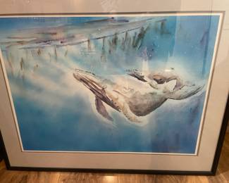 1989 Framed Watercolor Print "Humpback Whales" by Michael S. Lee - Honolulu Hawaii