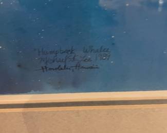1989 Framed Watercolor Print "Humpback Whales" by Michael S. Lee - Honolulu Hawaii