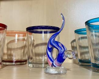 Set of 5 Lowball Glasses - Clear with Multicolored Rims