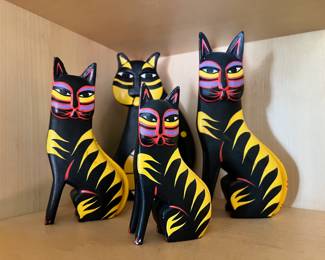 4 Yellow/Black Laurel Burch Woodcarved/Painted Cat Sculptures