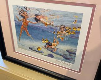 Framed & Matted Litograph "NA KEIKI 'AU" (Children Swimming) by Janet Stewart