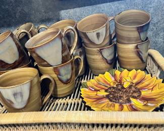 Set of 9 Brown/Cream Pottery Coffee Mugs