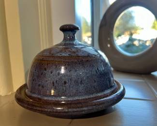 World Market Blue/Brown Speckled Pottery Butter Dish