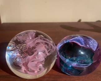 Blown Glass Clear & Pink Sphere Paperweight, Blown Glass Purple & Blue Sphere Paperweight