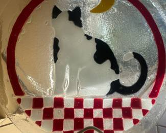 Peggy Karr Red Checkerboard White Cat Plate