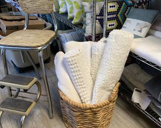 Decorative pillows $10 
Vintage step stool chair $25 
New white bath mats $10-15