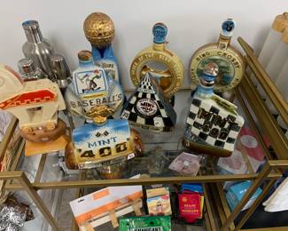 Assorted collectible Jim Beam decanters $25-75
Large Gold Bar Cart $195 