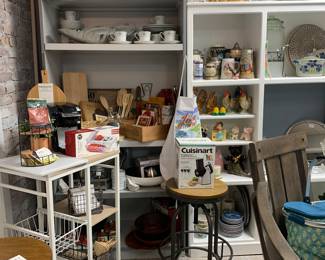 Assorted kitchen cutting and charcuterie boards $5-20 
Kitchen Cart $75
Wood and metal bar stools $75 
Oil Lamps $10-20
Decorative roosters 5-40