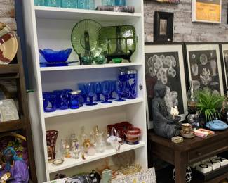 Depression Glass Atlas Blue 50%Off! 
Bowl and platter $65
Perfume Bottles $20
Blue 1930s Ball Jars $10