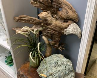 Don Maxwell Carved Driftwoos American Eagle attaches to Boulder on Live Edge Wood pedestal table $795