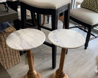Pair of side tables $75 each or Pair for $100
Fabric Bar stools $95 each 
Peacock Stainless Bowl $65 
