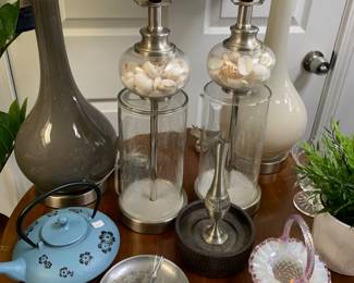 Lamps $20-30 
Fenton $20
Vintage ashtrays $10-20
Shell lamps $25 
Japanese Tea Pot 