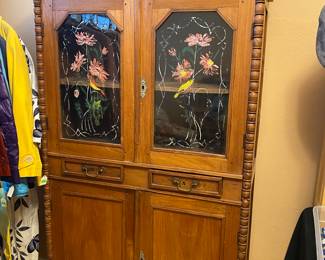Antique Chinese Painted Glass Wood Hutch