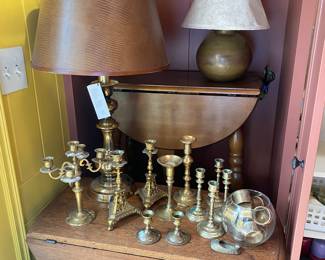 Antique drop leaf table, vintage drop-leaf table, brass candle stick holders, brand new Chapman brass lamp with leather lamp shade, copper table lamp