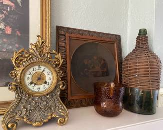 Antique Art, Antique Gilded Clock, antique green glass Demi-john 