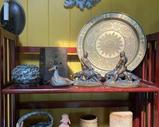 Vintage Green Man Pottery Wall Hanging, vintage pottery, vintage russwood brass panther bookends