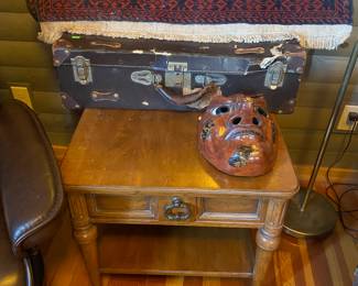 Vintage Side Table, Vintage Persian Rug, Japanese Mask, Vintage suitcase