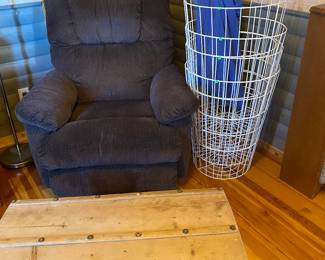 Recliner Chair, Vintage Trunk, Wire Baskets