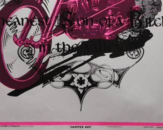 Detail of Overprint of "Chopped Hog" and black and white "Yea, though I walk through the valley of the shadow of death I shall fear no evil: for I am the meanest Son-of-a-Bitch in the valley" copyright 1970 by Celestial Arts, CA605, screen-printed blacklight poster, part of "The Overprints" made in the late 1960's/early 1970s by Joe McHugh, Nick Nickolds, and Sätty