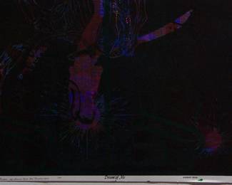 Detail of overprint of "Dream of Me" copyright 1968 by Celestial Arts CA28 and "Night Mare" copyright 1969 by Celestial Arts CA24 and "Have a quiet visit with yourself today" copyright 1971 by Celestial Arts CA424, part of "The Overprints" made in the late 1960s/early 1970s by Joe McHugh, Nick Nickolds, and Sätty, screen-printed blacklight posters