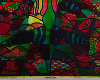 Detail of Overprint of "White Rabbit" by East Totem West and "Love Flower" copyright 1969 by Celestial Arts, CA 38, screen-printed blacklight poster, part of "The Overprints" made in the late 1960's/early 1970s by Joe McHugh, Nick Nickolds, and Sätty