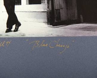 Title detail of Barkin' Bill 1994 "Blue Chicago", Signed Peter Amft black + white silver gelatin photograph, Peter Amft Photography Chicago, printed in 1996