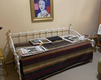 Framed Andy Warhol print, "Queen Elizabeth II" and vintage white with brass knobs day bed