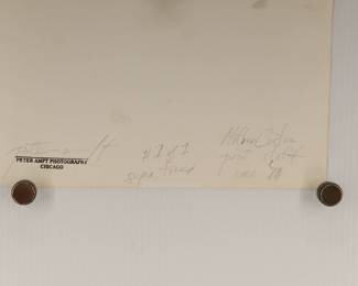 Back of "Mother Custou" print staff c. 1970, sepia toned, signed Peter Amft black + white silver gelatin photograph, Peter Amft Photography Chicago, Numbered edition 1/1